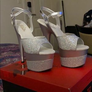 Silver Glitter Platform Stilettos by Pleaser